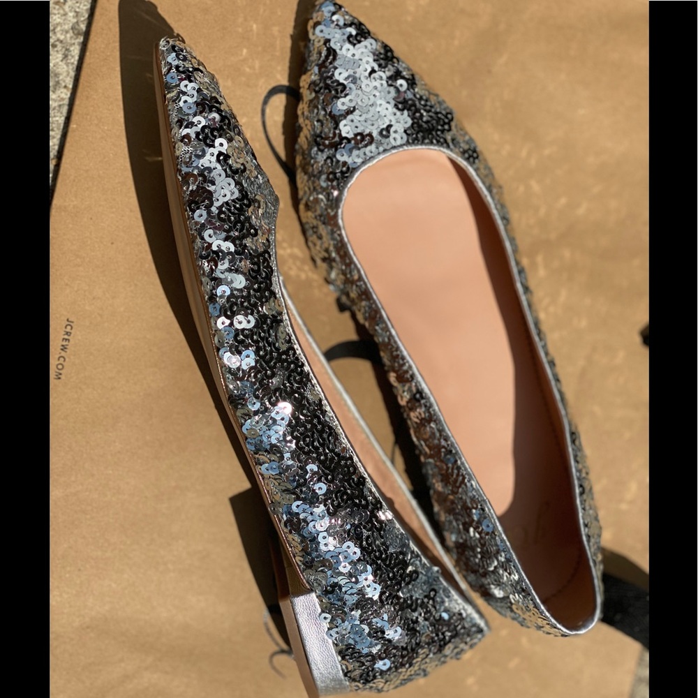 NWOB J. Crew Silver Sequin Pointed Toe Flats